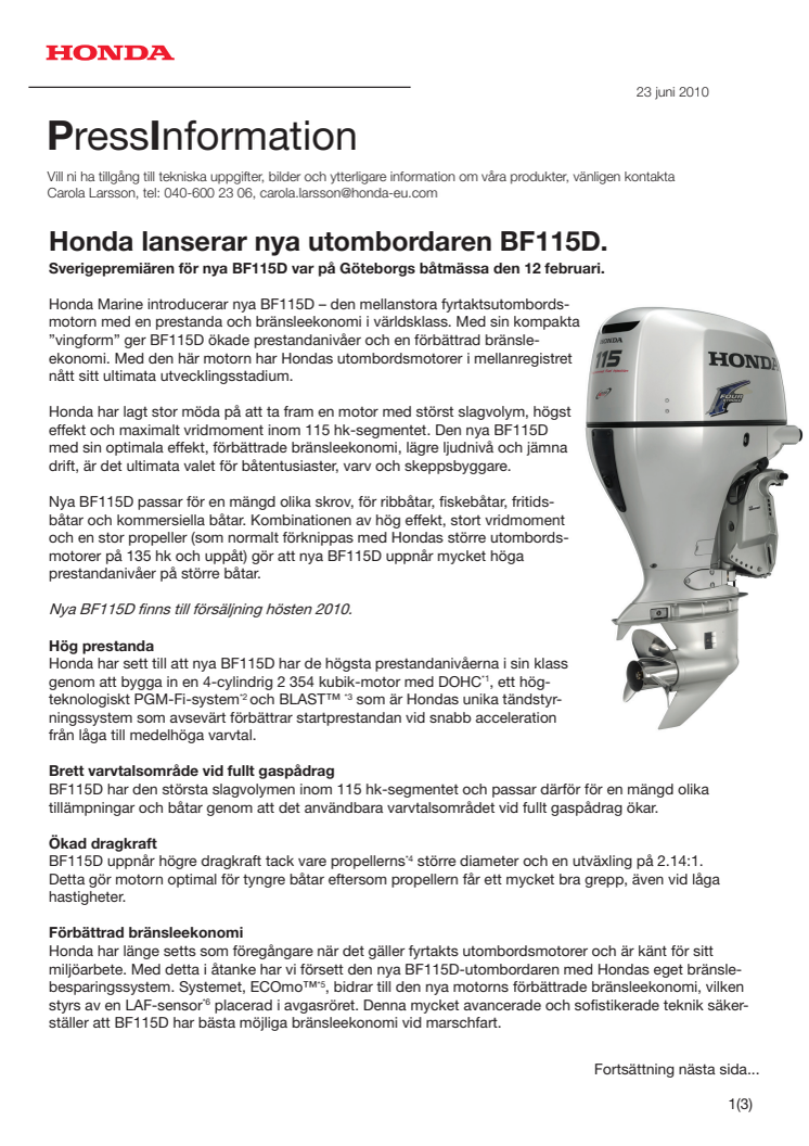 Honda lanserar nya utombordsmotorn BF115D