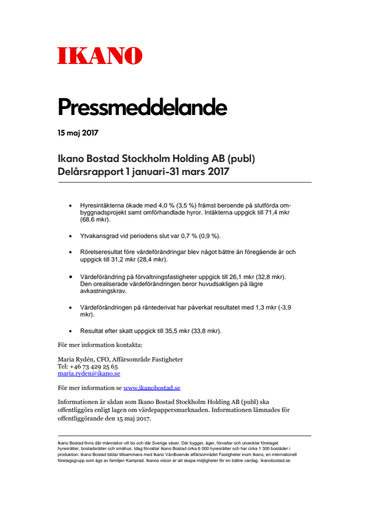 Ikano Bostad Stockholm Holding AB (publ) Delårsrapport 1 januari-31 mars 2017