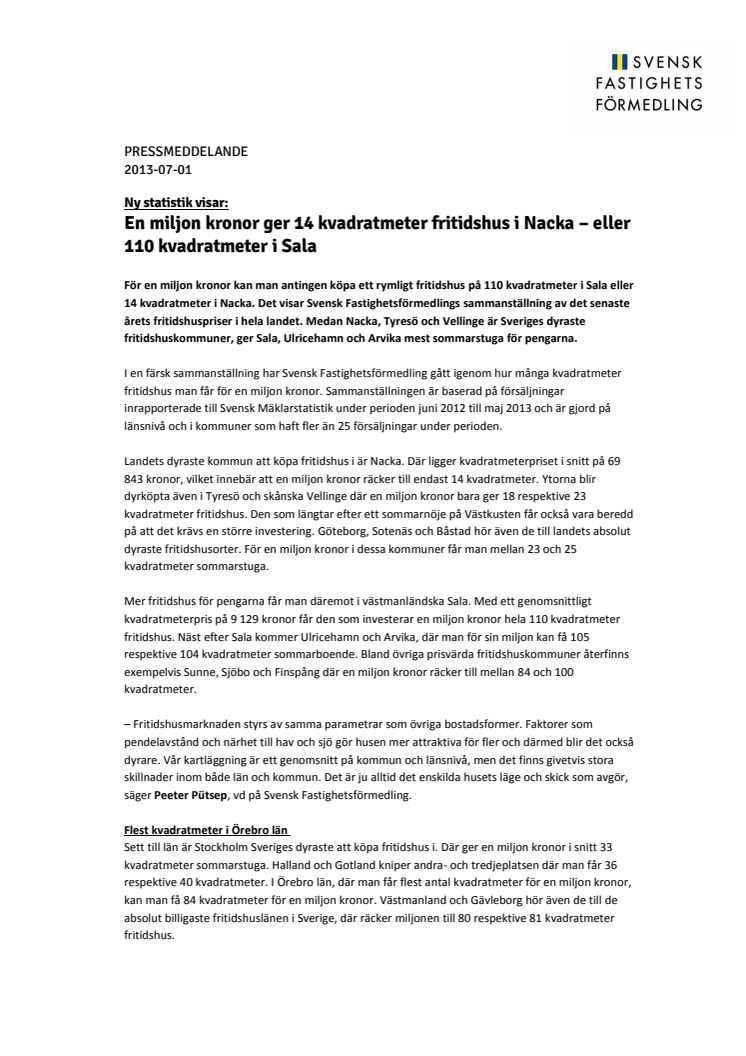 Ny statistik visar: En miljon kronor ger 14 kvadratmeter fritidshus i Nacka – eller 110 kvadratmeter i Sala 