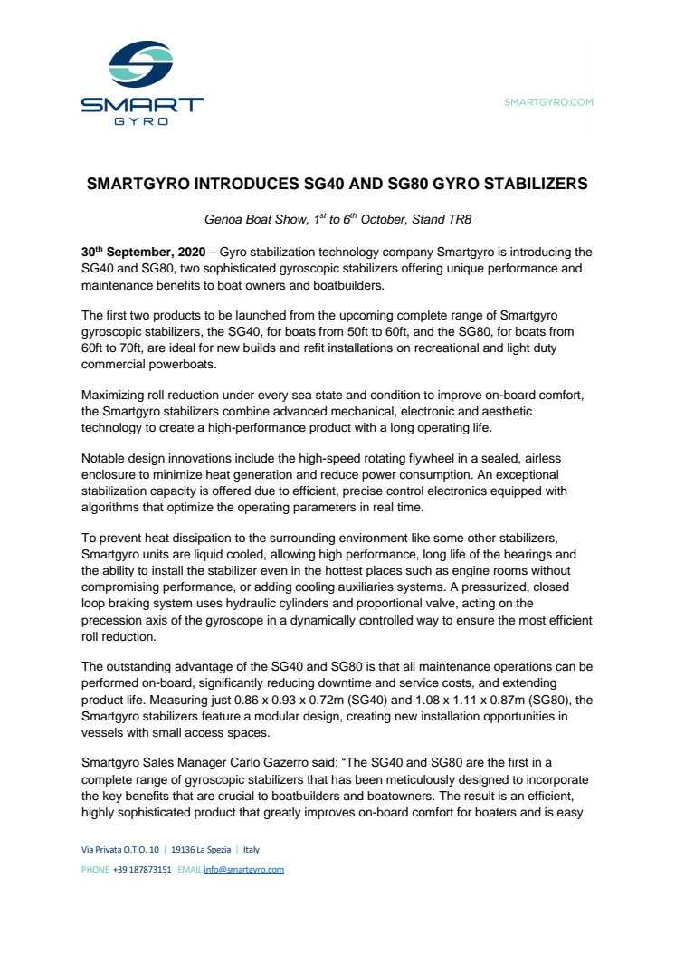 Smartgyro Introduces SG40 and SG80 Gyro Stabilizers