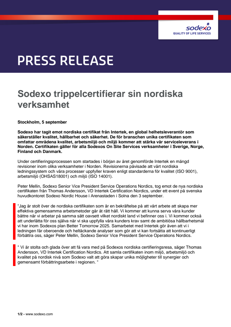 Sodexo trippelcertifierar sin nordiska verksamhet 