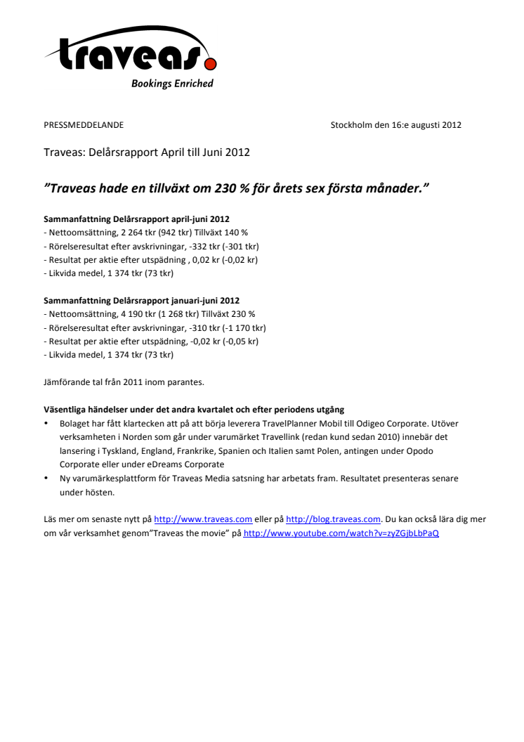 Traveas Delårsrapport april-juni