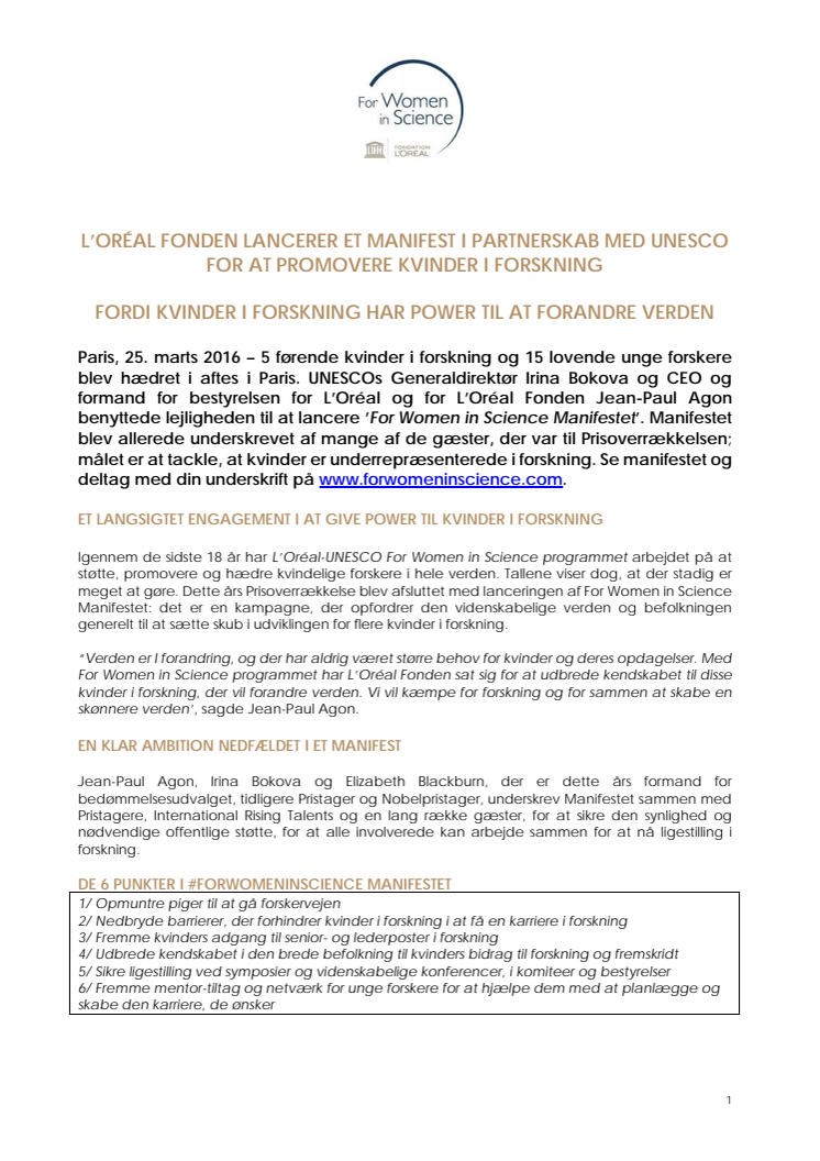 L'Oréal Fonden lancerer manifest for flere kvinder i forskning sammen med UNESCO - fordi kvinder i forskning har power til at ændre verden