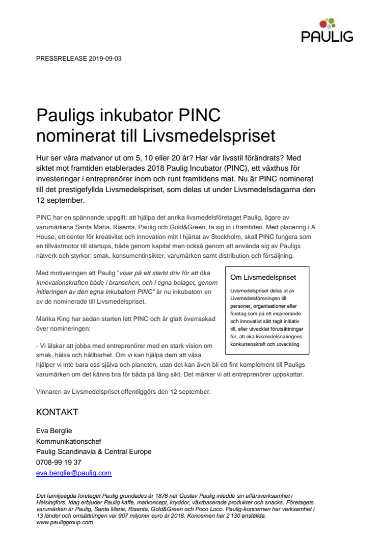 Pauligs inkubator PINC nominerat till Livsmedelspriset