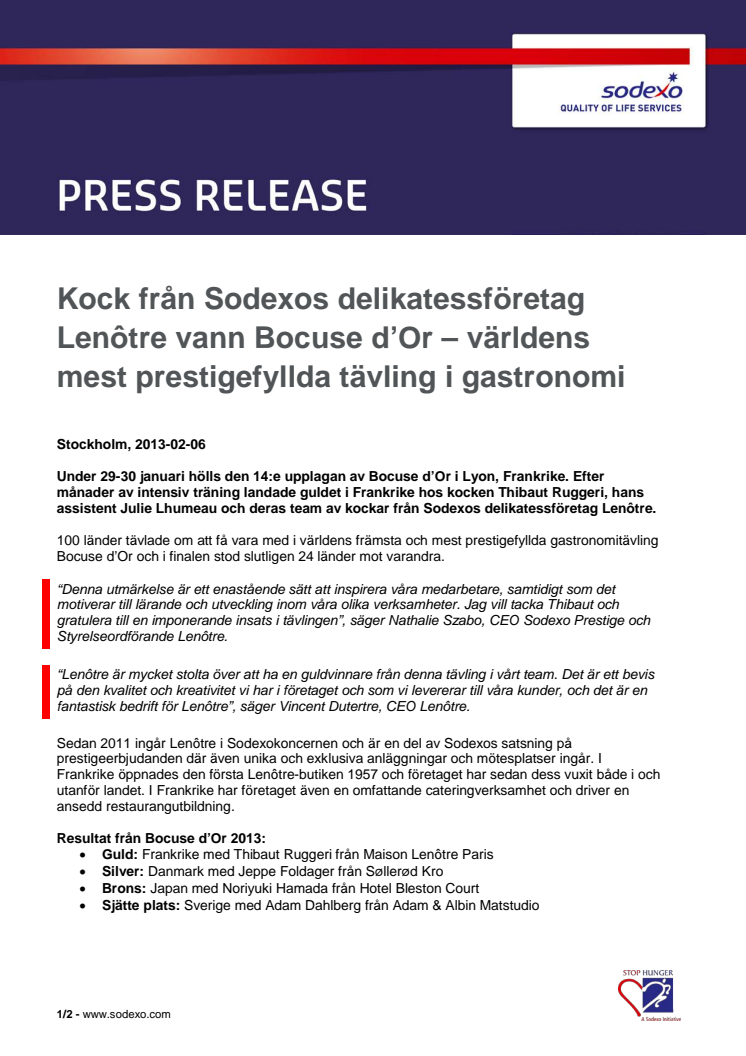 Kock från Sodexos delikatessföretag Lenôtre vann Bocuse d’Or – världens mest prestigefyllda tävling i gastronomi