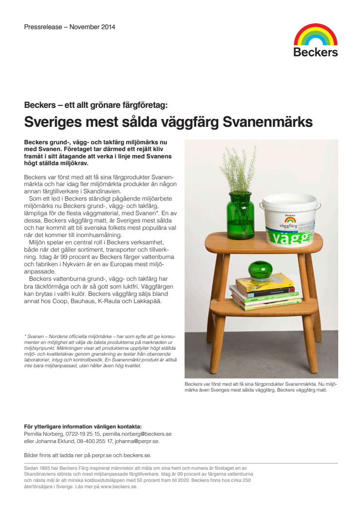 Beckers – ett allt grönare färgföretag: Sveriges mest sålda väggfärg Svanenmärks