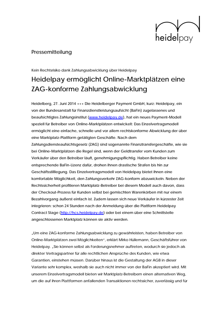 Heidelpay ermöglicht Online-Marktplätzen eine ZAG-konforme Zahlungsabwicklung