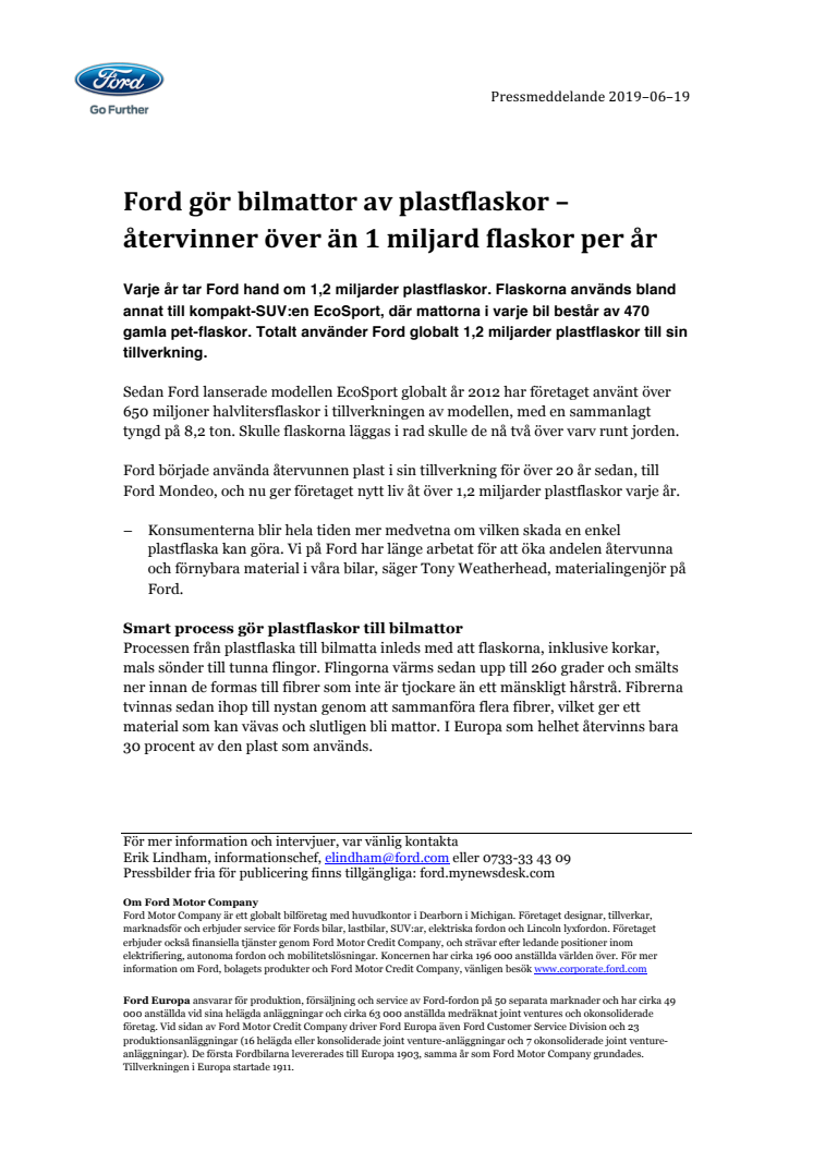 Ford gör bilmattor av plastflaskor – återvinner över än 1 miljard flaskor per år