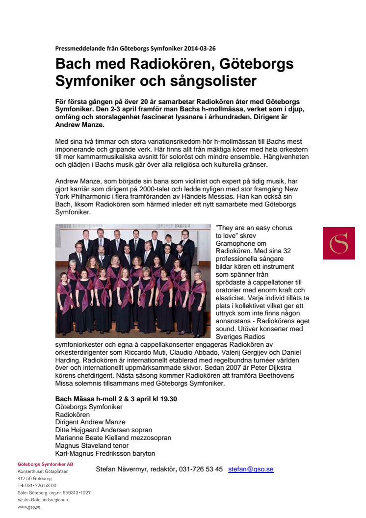 Bach med Radiokören, Göteborgs Symfoniker och sångsolister