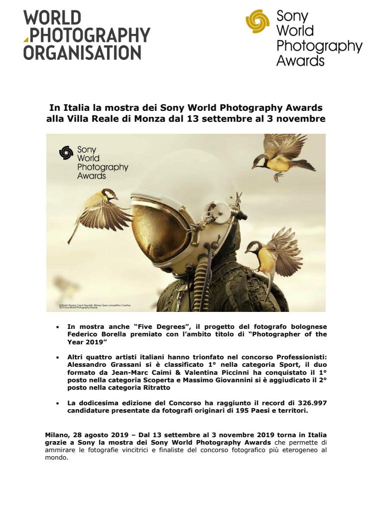 In Italia la mostra dei Sony World Photography Awards  alla Villa Reale di Monza dal 13 settembre al 3 novembre   