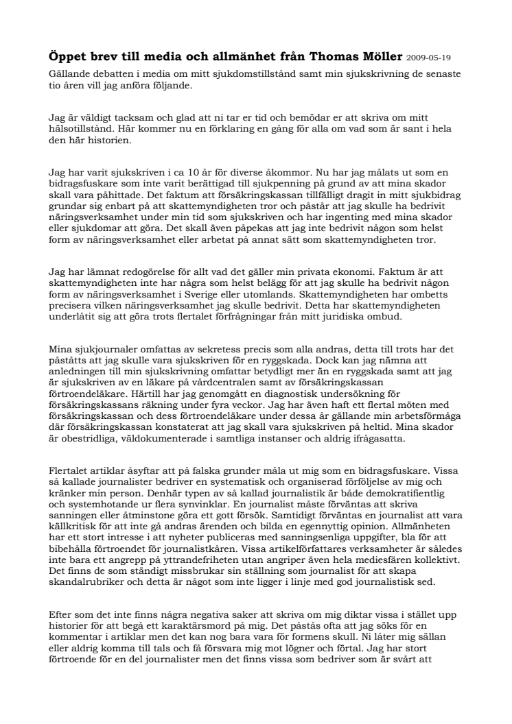 Öppet brev till media och allmänhet från Thomas Möller  