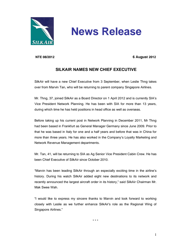 SilkAir Names New Chief Executive