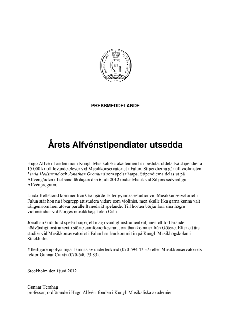 Årets Alfvénstipendiater utsedda
