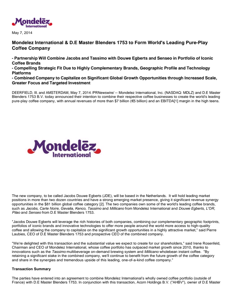 Mondelez International & D.E Master Blenders 1753 to Form World's Leading Pure-Play Coffee Company