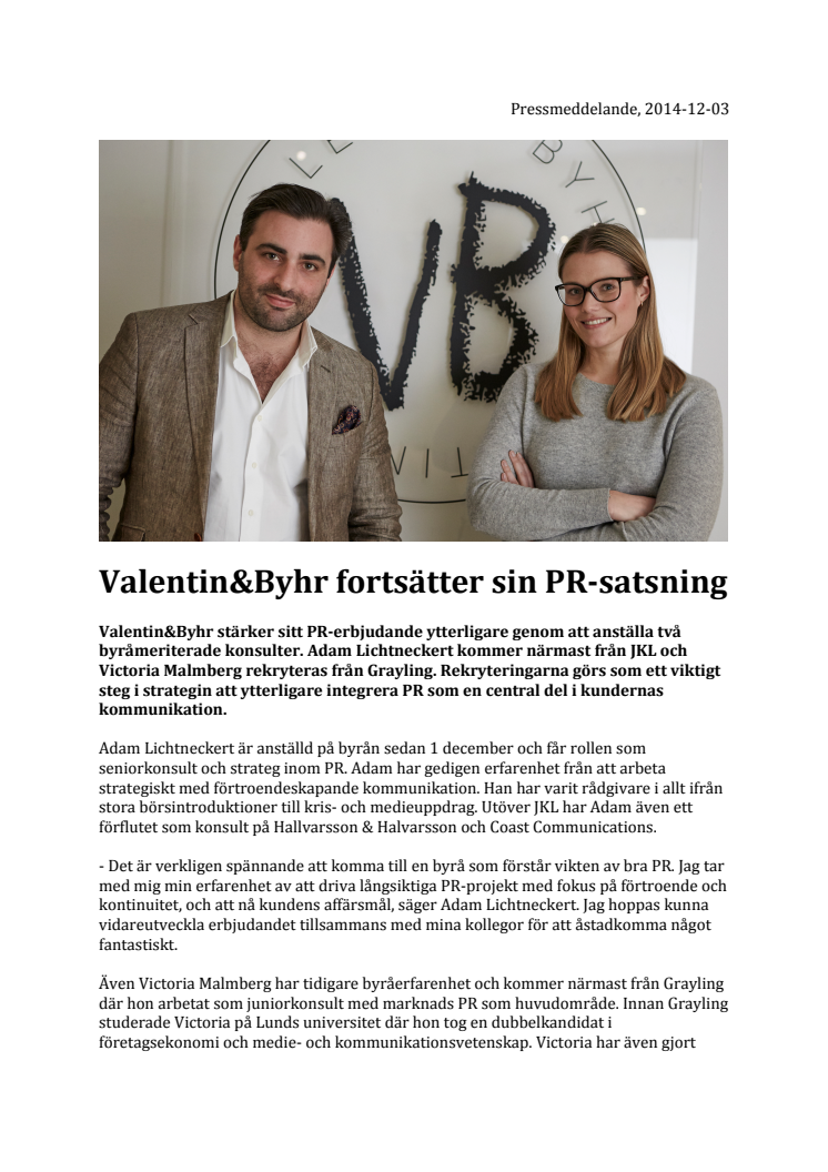 Valentin&Byhr fortsätter sin PR-satsning