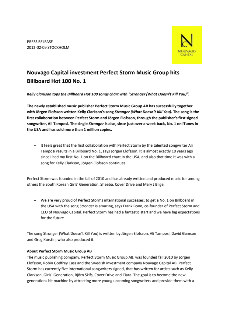 Nouvago Capital investment Perfect Storm Music Group hits Billboard Hot 100 No. 1