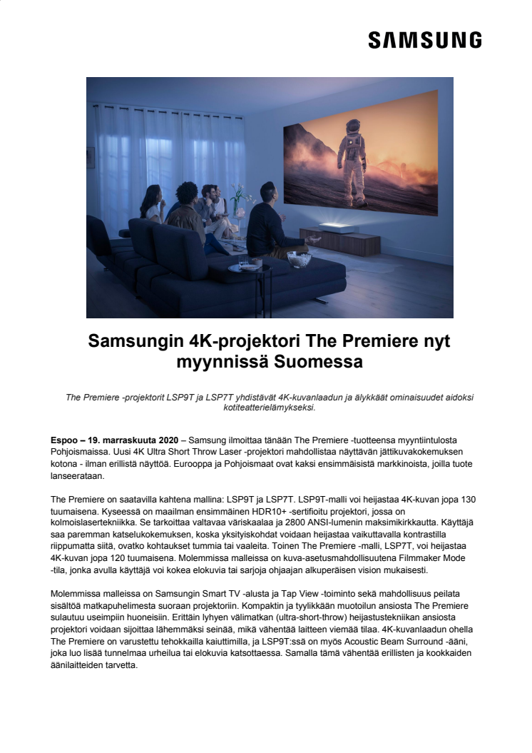 Samsungin 4K-projektori The Premiere nyt myynnissä Suomessa