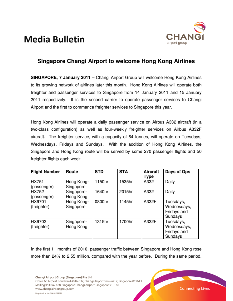 Singapore Changi Airport to welcome Hong Kong Airlines