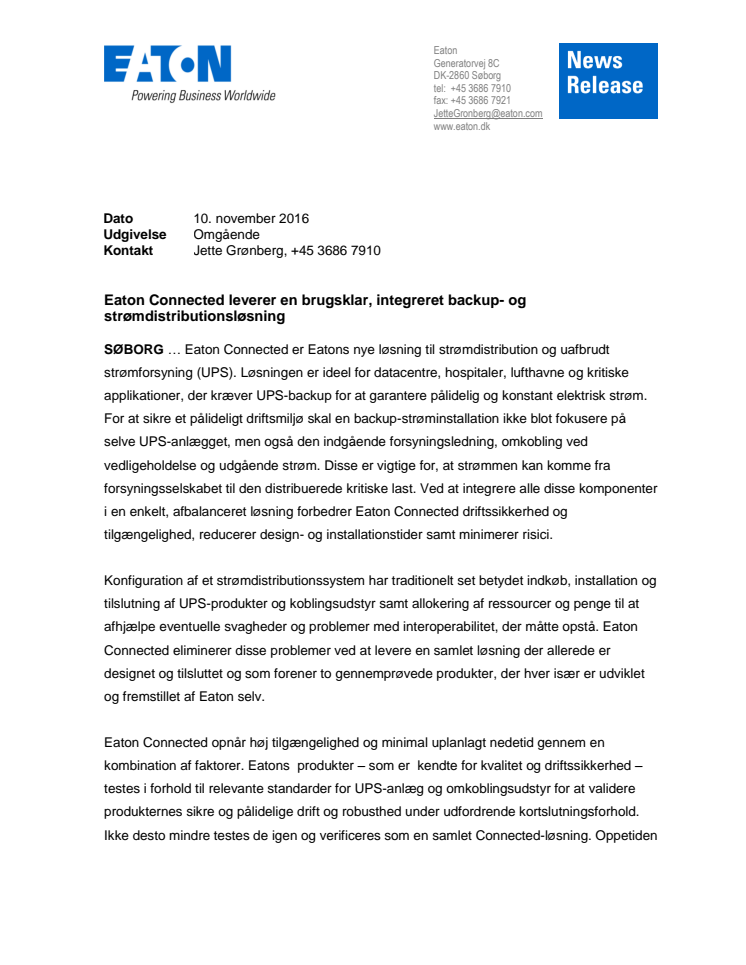 Eaton Connected leverer en brugsklar, integreret backup- og strømdistributionsløsning