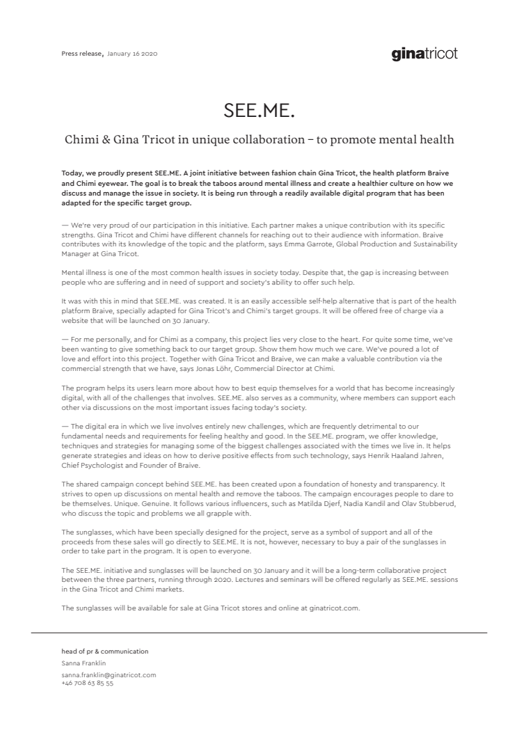 GINA TRICOT & CHIMI EYEWEAR IN UNIQUE COLLABORATION - TO PROMOTE MENTAL HEALTH