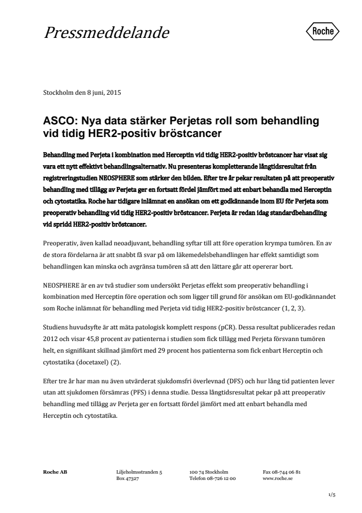ASCO: Nya data stärker Perjetas roll som behandling vid tidig HER2-positiv bröstcancer 