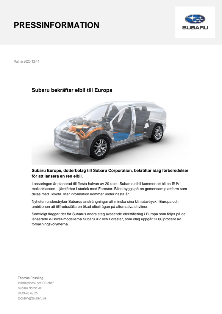 Subaru bekräftar elbil till Europa