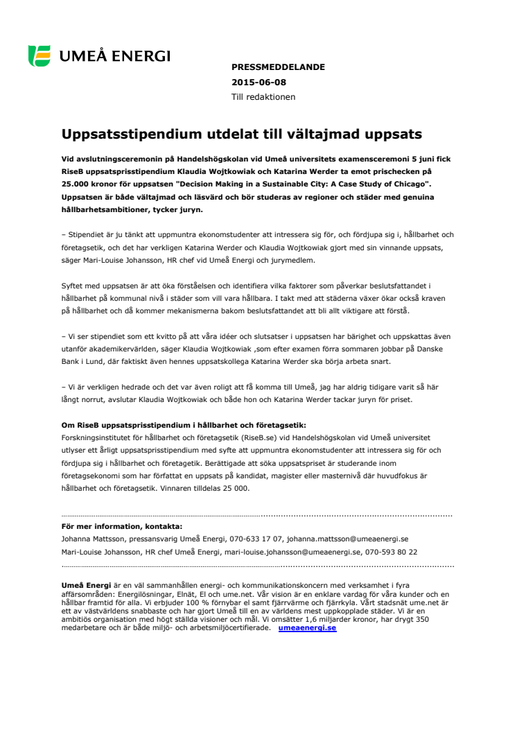 Uppsatsstipendium utdelat till vältajmad uppsats