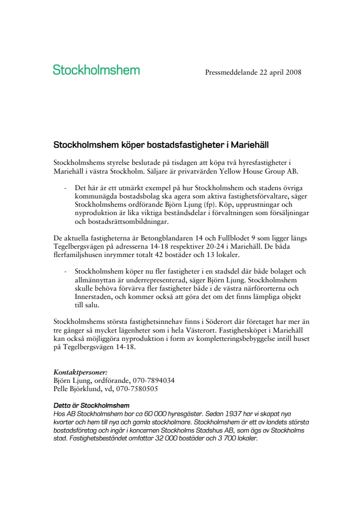 Stockholmshem köper bostadsfastigheter i Mariehäll