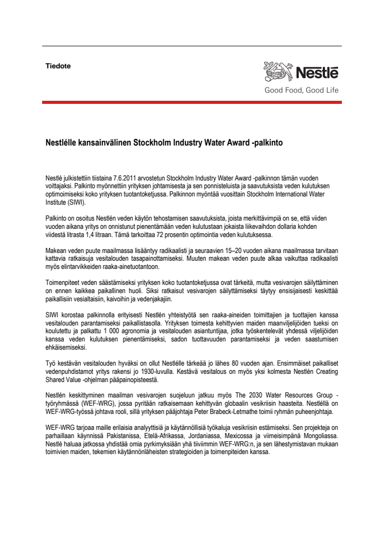 Nestlélle kansainvälinen Stockholm Industry Water Award -palkinto