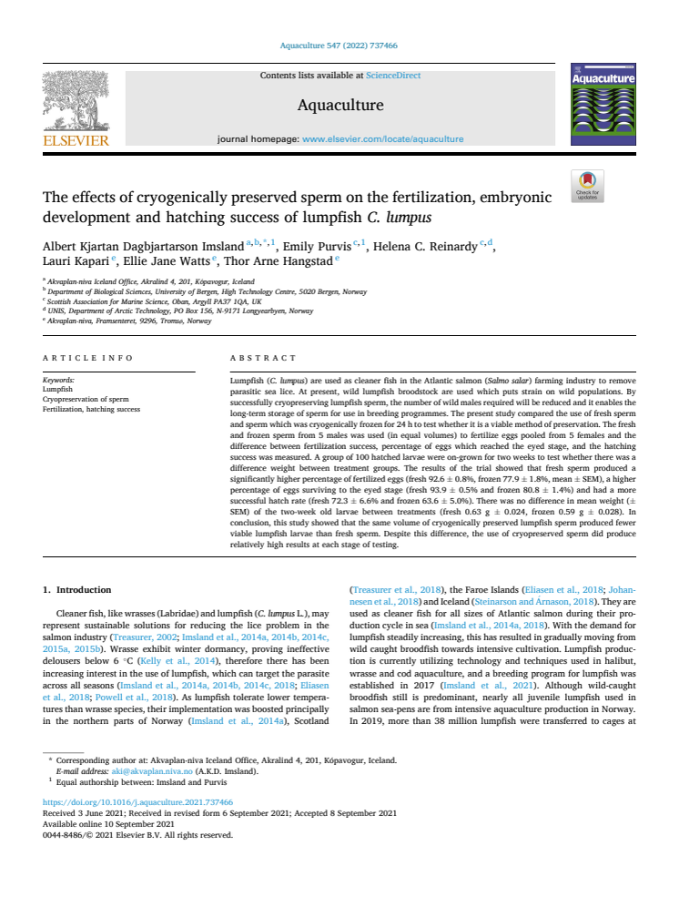 Article on The effects of cryogenically preserved sperm on lumpfish breed  Aquaculture 547 737466.pdf