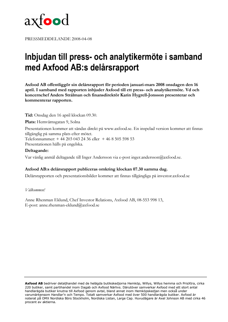 Inbjudan till press- och analytikermöte i samband med Axfood AB:s delårsrapport