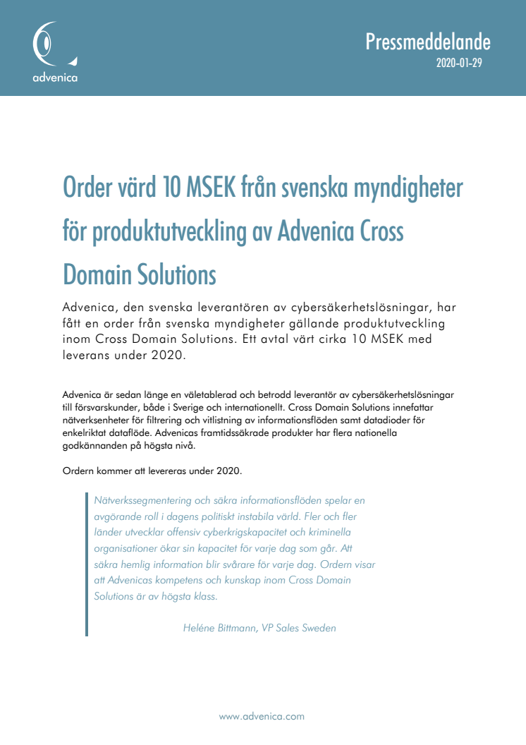 Order värd 10 MSEK från svenska myndigheter för produktutveckling av Advenica Cross Domain Solutions