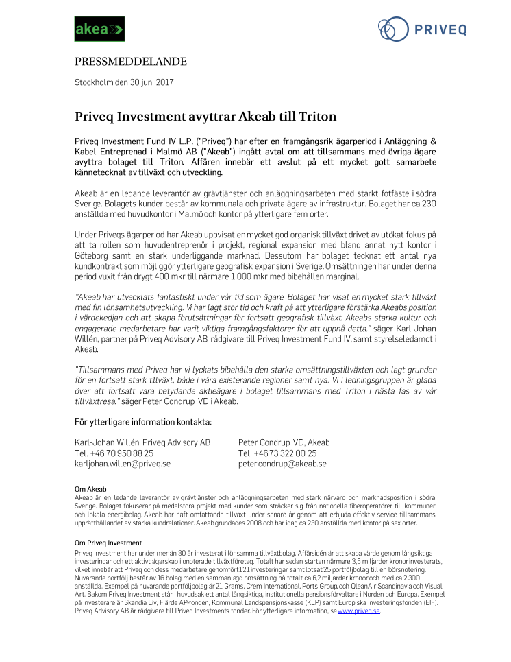 Priveq Investment avyttrar Akeab till Triton