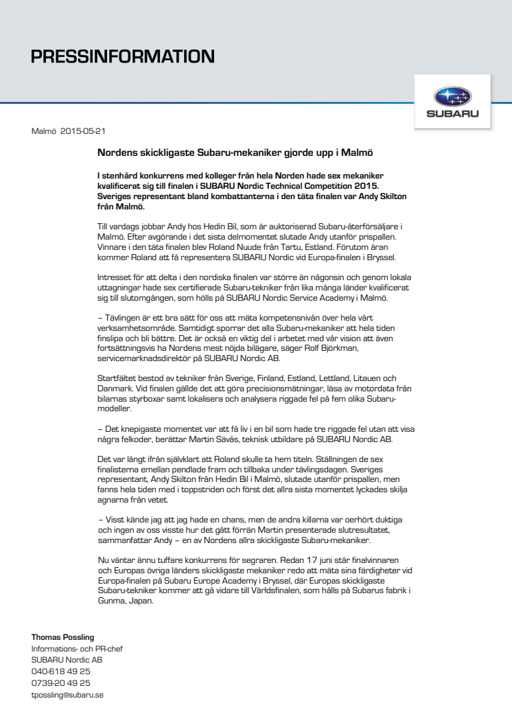​​​​Nordens skickligaste Subaru-mekaniker gjorde upp i Malmö 