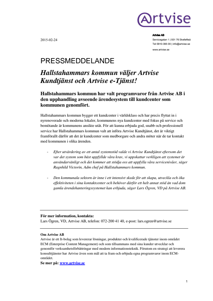 Hallstahammars kommun väljer Artvise Kundtjänst och Artvise e-Tjänst!