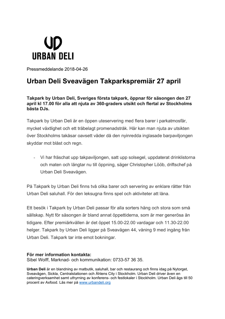 Urban Deli Sveavägen Takparkspremiär 27 april  