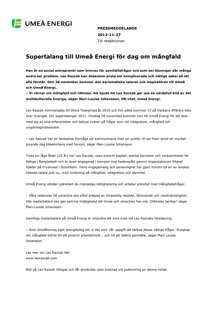 Supertalang till Umeå Energi för dag om mångfald