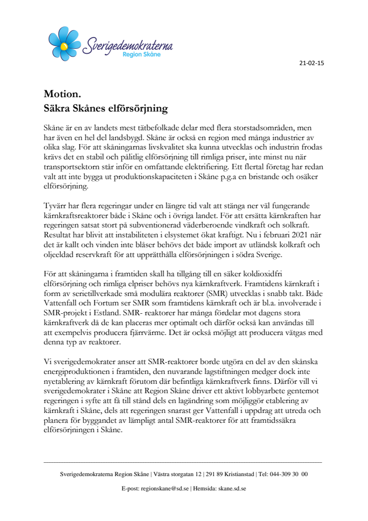 Motion: Säkra Skåne elförsörjning med ny kärnkraft