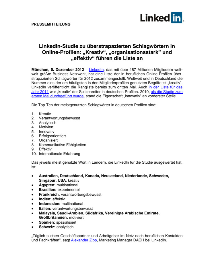 LinkedIn-Studie zu überstrapazierten Schlagwörtern in Online-Profilen: „Kreativ“, „organisationsstark” und „effektiv“ führen die Liste an