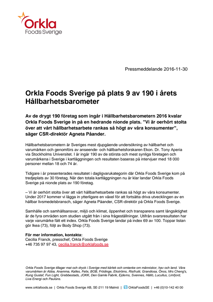 Orkla Foods Sverige på plats 9 av 190 i årets Hållbarhetsbarometer 