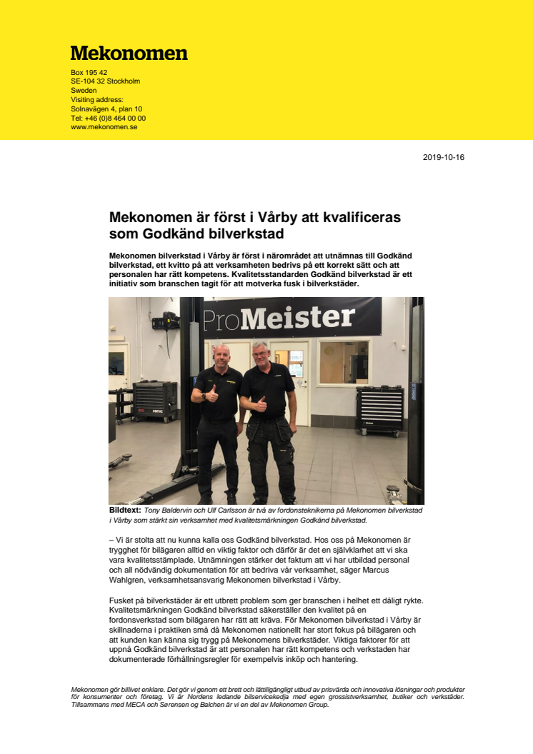 Mekonomen är först i Vårby att kvalificeras som Godkänd bilverkstad 