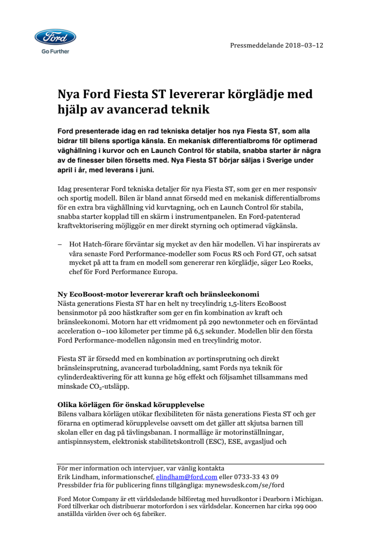 Nya Ford Fiesta ST levererar körglädje med hjälp av avancerad teknik