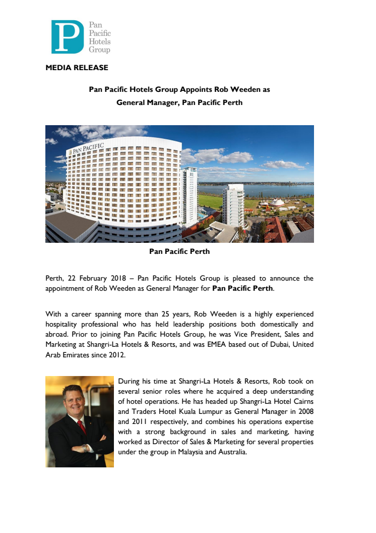 Pan Pacific Hotels Group Appoints Rob Weeden as General Manager, Pan Pacific Perth