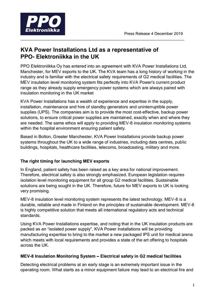 KVA Power Installations Ltd as a representative of PPO-Elektroniikka in the UK