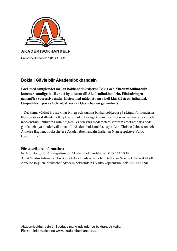 Bokia i Gävle blir Akademibokhandeln 