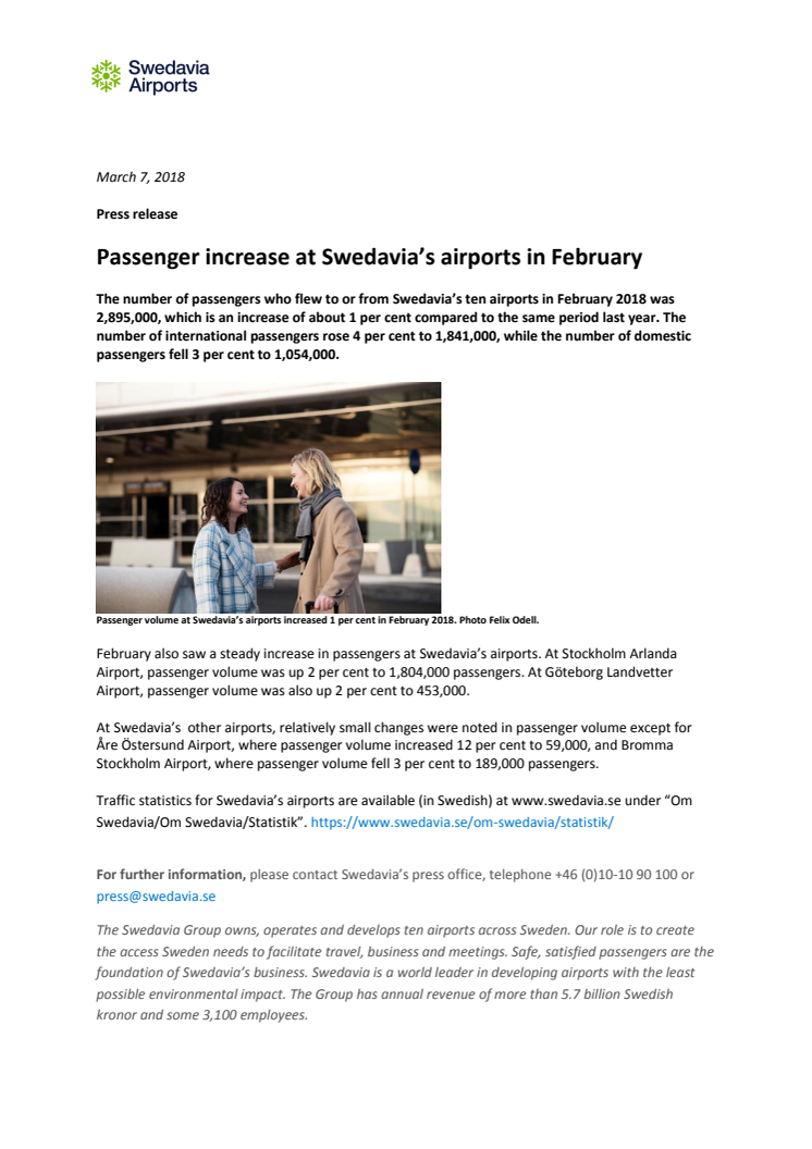 Passenger increase at Swedavia’s airports in February 