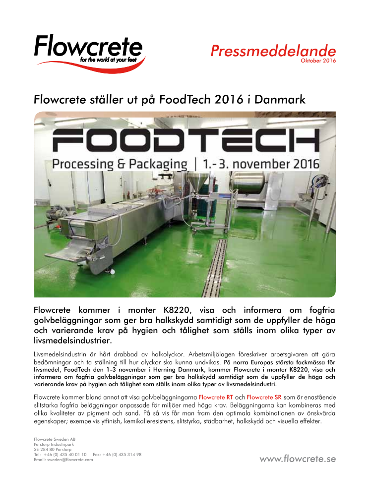 Flowcrete ställer ut på FoodTech 2016 i Danmark - mycket mer än en mässa