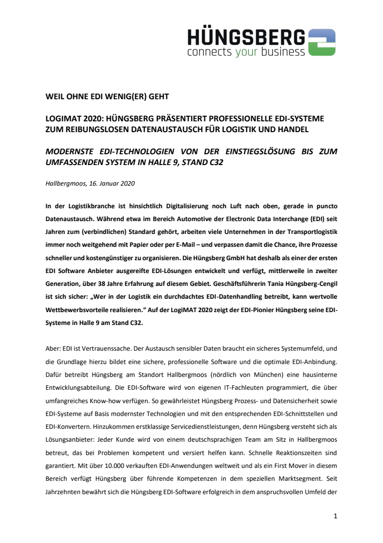LOGIMAT 2020: HÜNGSBERG PRÄSENTIERT PROFESSIONELLE EDI-SYSTEME  ZUM REIBUNGSLOSEN DATENAUSTAUSCH FÜR LOGISTIK UND HANDEL