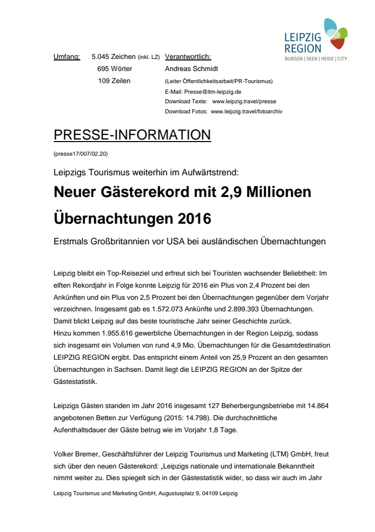 Pressemitteilung: Gästestatistik Leipzig 2016