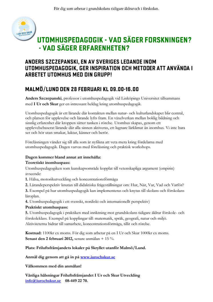 I Ur och Skur föreläsning i Malmö/Lund 28 februari 9-16